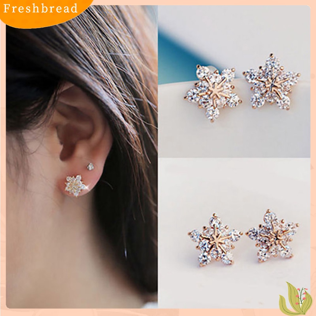 [Fresh] 1 Pasang Anting Tusuk Motif Snowflake Hias Berlian Imitasi Berkilau untuk Wanita / Hadiah