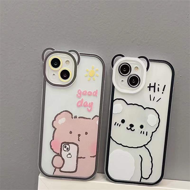 Soft Case Silikon TPU Motif Beruang Untuk Compatible for iPhone 14 13 12 11 Pro Max X Xr Xs Max SE 2020 iPhone 8 7 6 6s Plus Bear Selfie Cute Couple Phone Case Lens All-Inclusive Soft Silicone Shockproof Phone TPU Back Cover