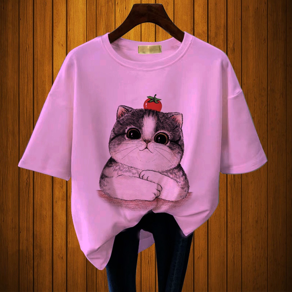 CALVIERO SHOP - BAJU KAOS WANITA DEWASA PRINT CHUBBY CATS CASUAL