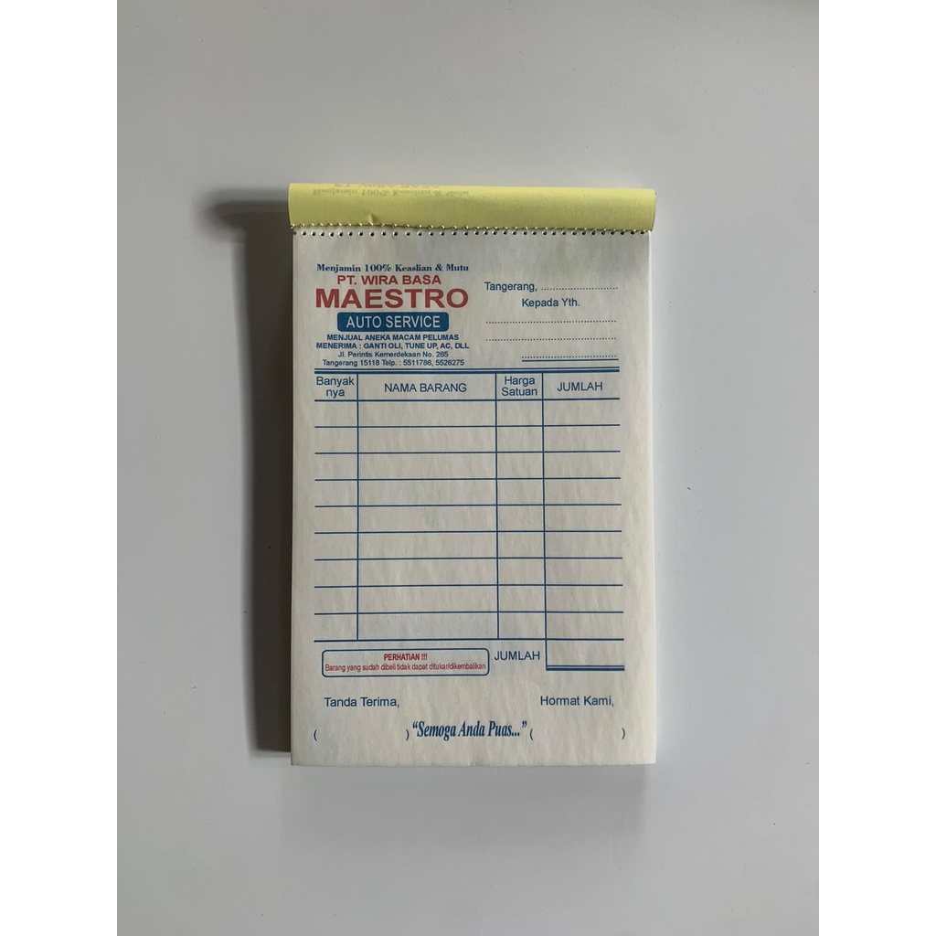 

NOTA CUSTOM SATUAN 2 PLY, PAKET SATUAN, UKURAN 10 X 16 CM, CUKUP BELI 4 BUKU AJA