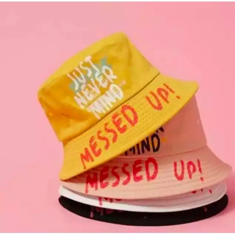 Topi Bucket Korea Sablon Badas &amp; Messed Up Laki Cewe Bahan Drill Premium