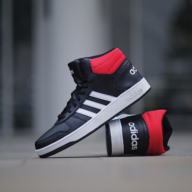 Sneakers Cowok Pria Sepatu Adidas Cowok Hoops High Black White Red
