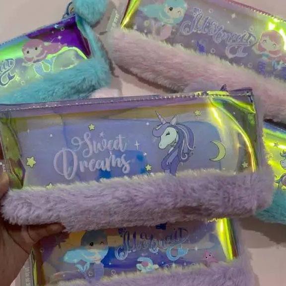 

Menarik.. Tempat Pensil Hologram Unicorn bulu pom pom/Pensil case Hologram Unicorn dan mermaid bulu