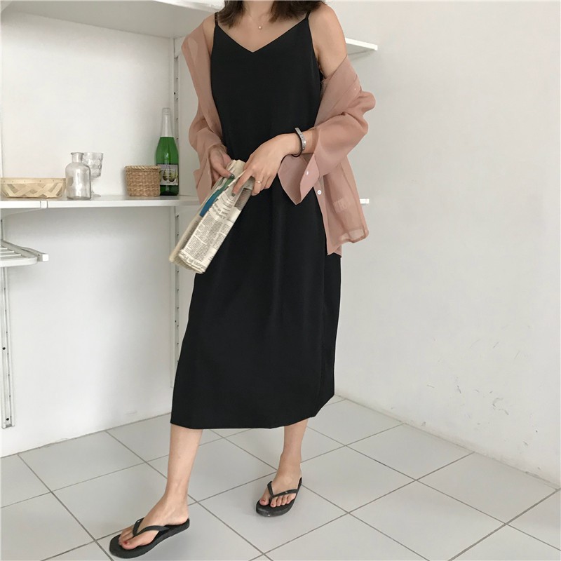 Long Dress V-Neck Model Longgar 2 Warna Gaya Korea