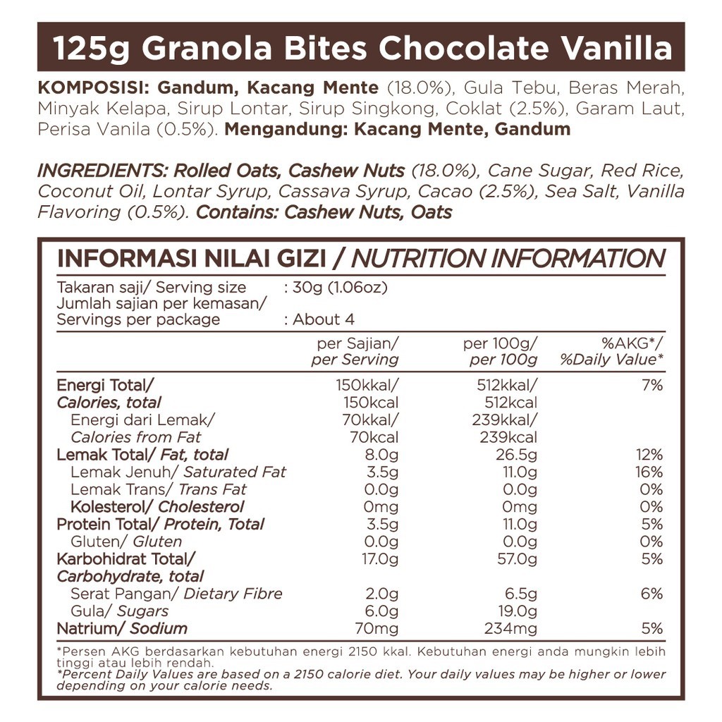 GRANOLA BITES - CHOCOLATE VANILLA 125 GR - EAST BALI CASHEWS (YAVA)