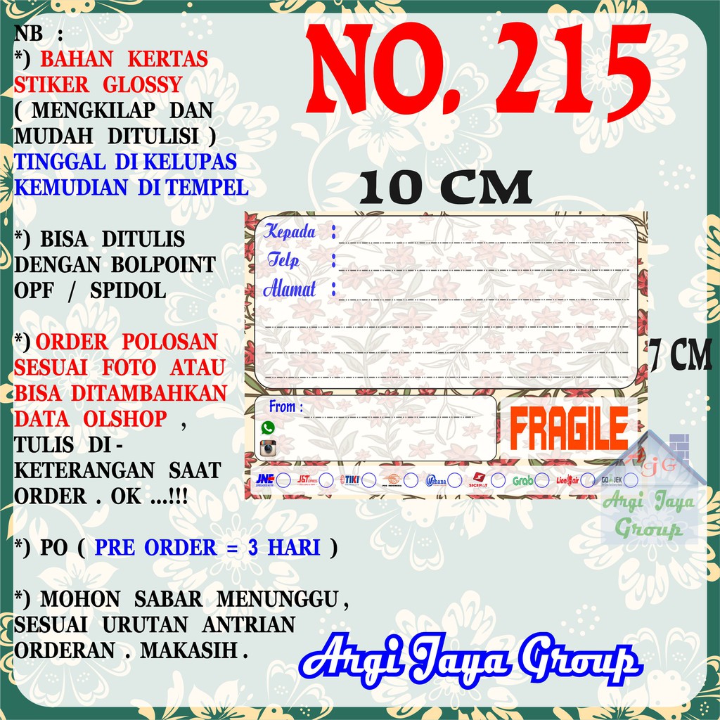 

Stiker Pengiriman - Sticker Alamat Olshop Murah Nomer 215 - 10x7 cm - Glossy