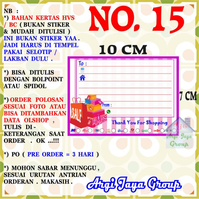

Label Pengiriman Alamat Olshop Murah Nomer 15 - 10x7cm - Kertas BC (Manila)