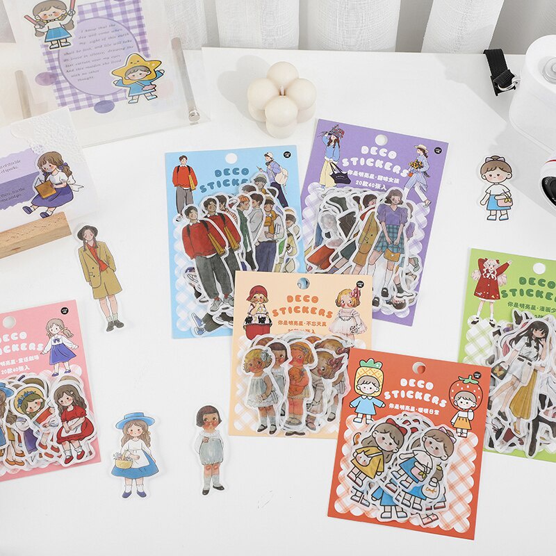 40 PCS Washi Paper Cute Cartoon Super Star Boys Girls Decorative Stickers-1