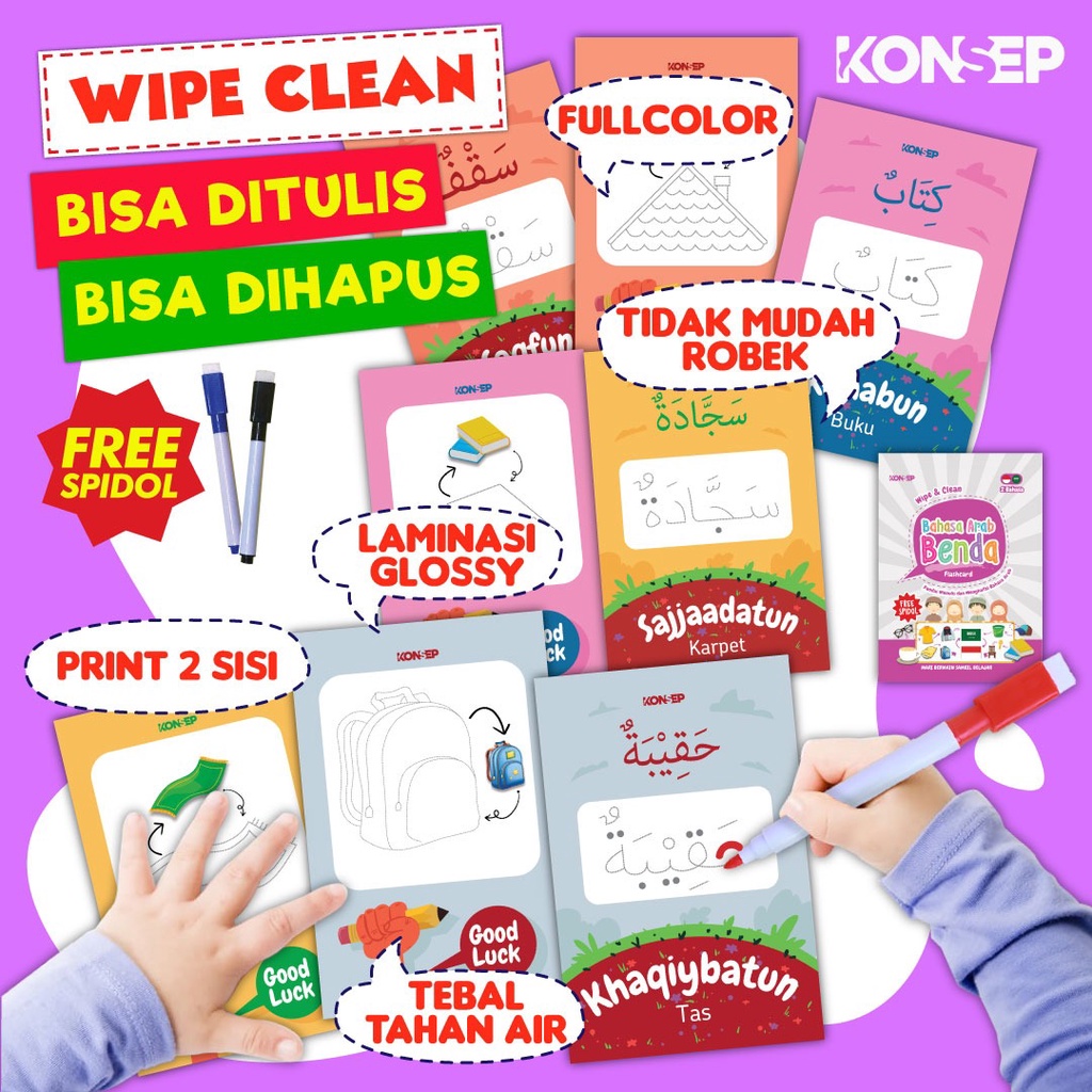 [FREE SPIDOL] Konsep Flashcard Wipe and Clean Bahasa Arab Benda / Flash Card / Mainan Edukasi