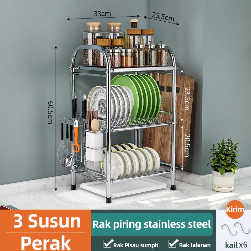 Rak dapur stainless steel rakbumbu  tiriskan sayuran kering datar dengan aksesoris