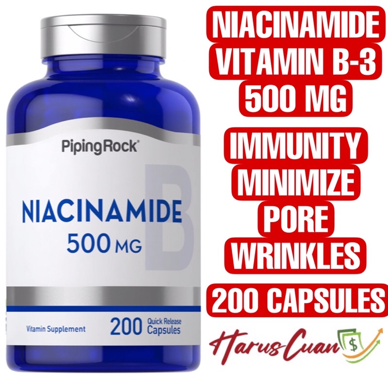 Piping Rock USA Niacinamide 500 mg 200 Capsules Vitamin B3 Immunity Daya Tahan Tubuh Minimize Pore W