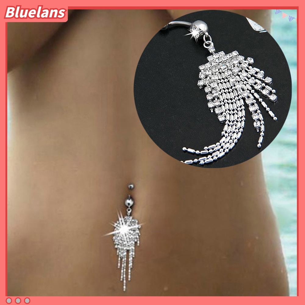 Bluelans Women Rhinestone Tassel Long Chain Dangle Navel Bar Button Belly Ring Jewelry