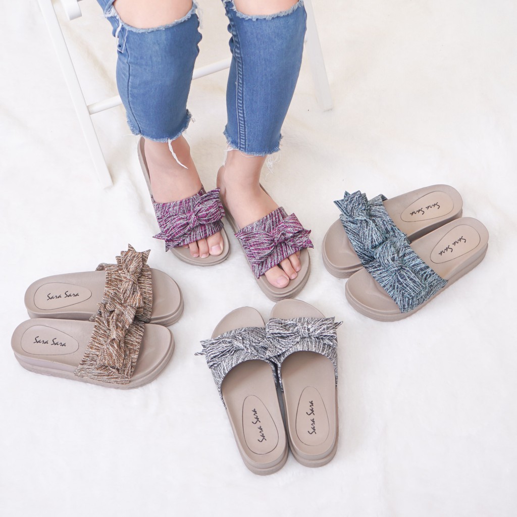 SARA SARA BARA sandal hak cewek 5 cm Sendal wedges wanita ringan nyaman casual slop bahan canvas kekinian