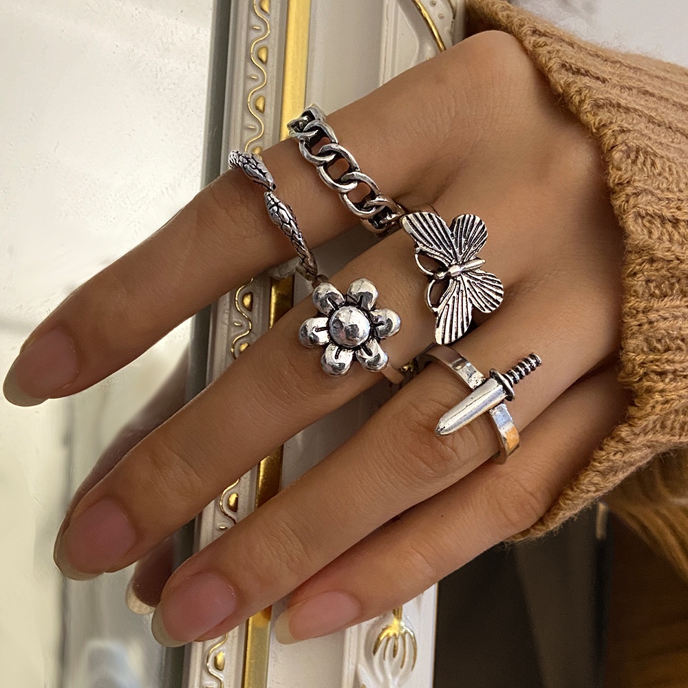 5Pcs/set New Retro Creative Simple Ladies Jewelry Dark Atmosphere Butterfly Dagger Snake Rings