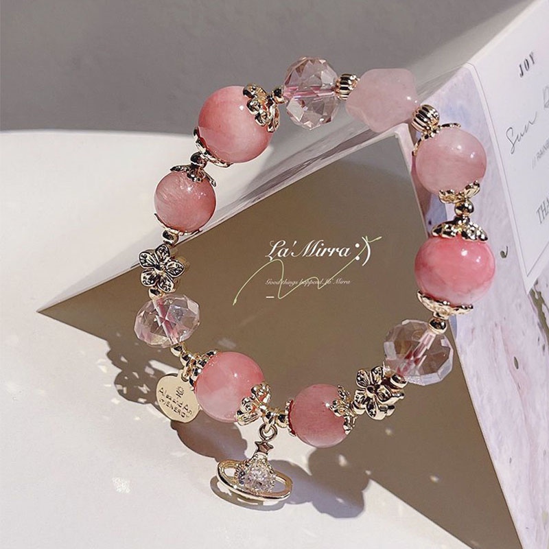 Gelang Manik-Manik Kristal Giok Hetian Alami Warna Pink Strawberry Untuk Wanita