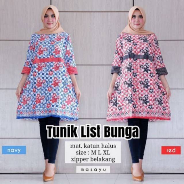 Tunik list bunga atasan baju batik wanita modern murah