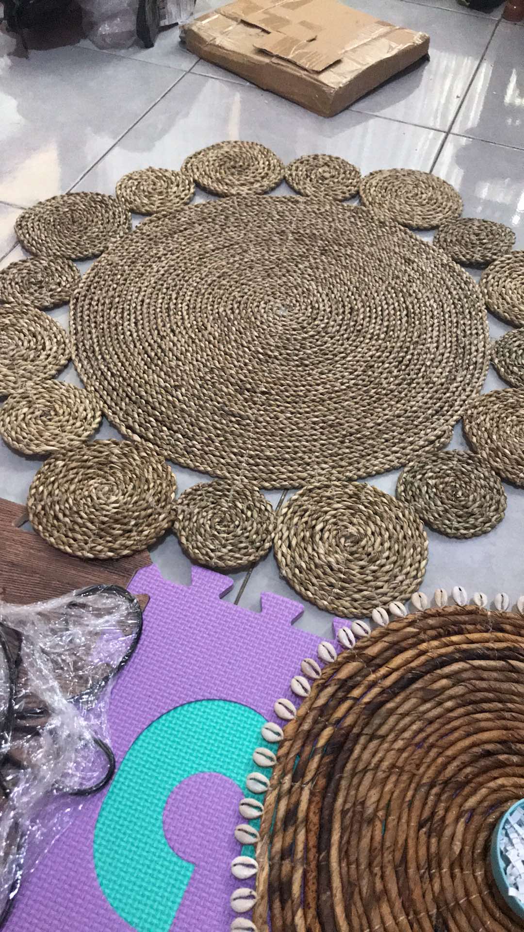 Rug Seagras Matahari D70 Cm/ Karpet Bulat Anyaman/ Dekorasi Boho / Alas Tikar