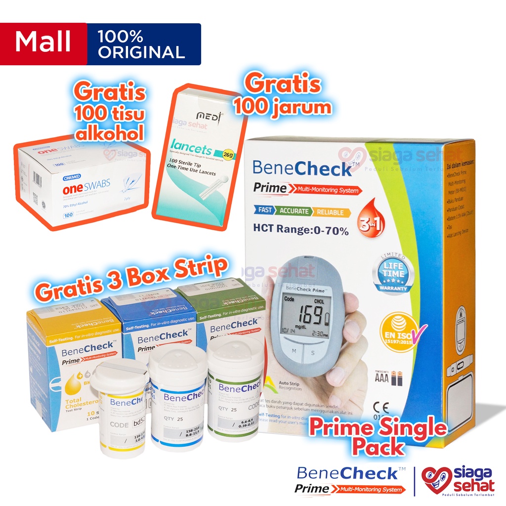 Jual BeneCheck Prime Single Pack Free 3 Box Strip+1 Box Alcohol Swab+1 ...