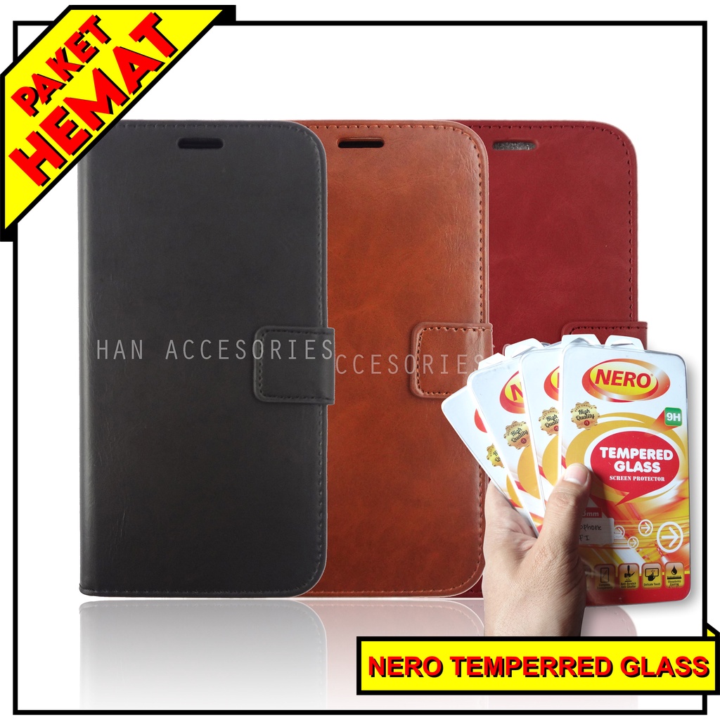 (PAKET HEMAT) Fashion Selular Flip Leather Case Samsung Galaxy A21S Flip Cover Wallet Case Flip Case + Nero Temperred Glass