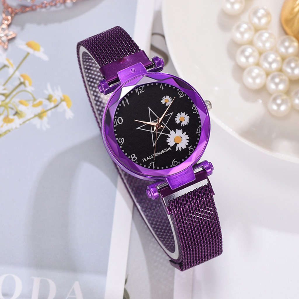 ELBER J174 Jam Tangan Rantai Wanita Jam Analog Motif Bunga Daisy-Ungu
