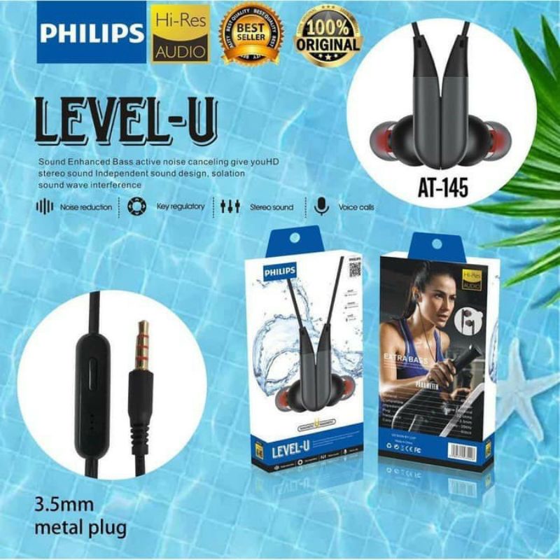 HF HEADSET/EARPHONE PHILIPS AT-145 MAGNETIC LEVEL-U EXTRA BASS + PACK IMPORT