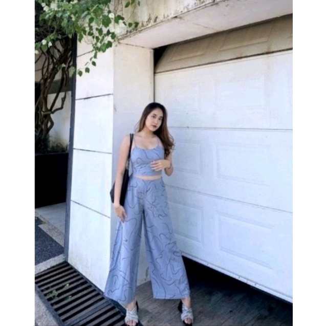 ONE SET KULOT PATTERN // SETELAN TANKTOP FLOWERY-Biru cacing