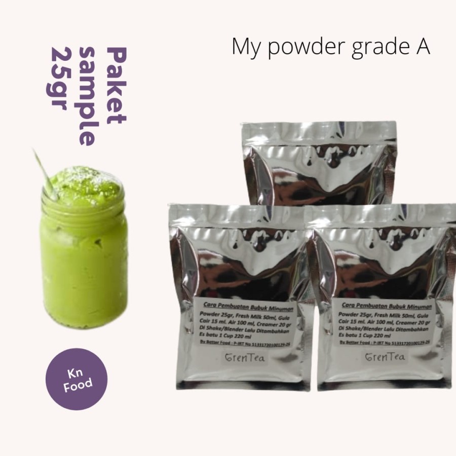 

MY POWDER GRADE A GREEN TEA PAKET SAMPEL 25 GRAM BUBUK MINUMAN INSTAN.