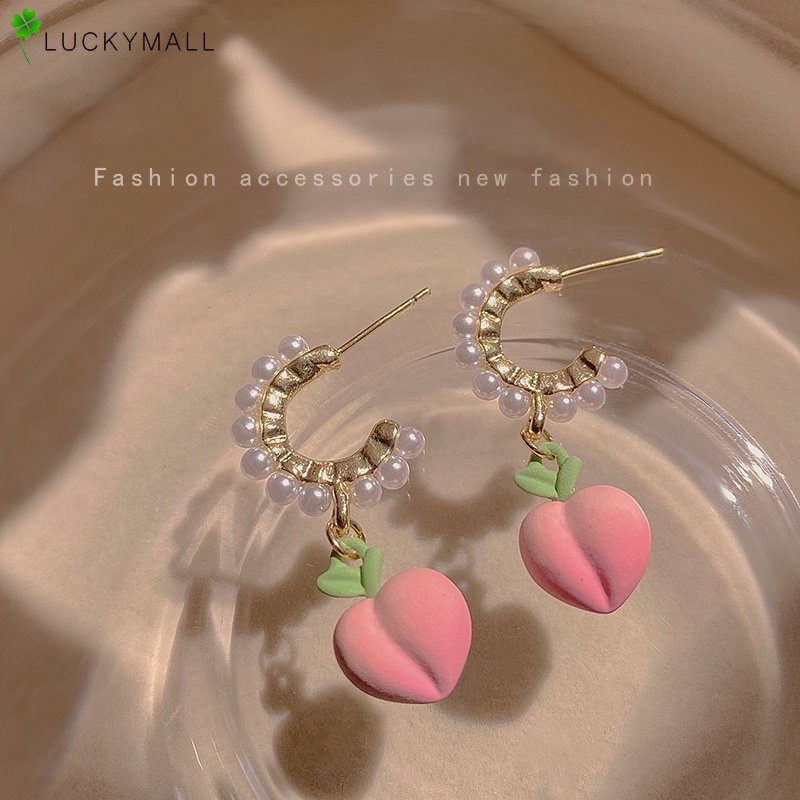 Anting Hoop Hias Mutiara Warna Pink Peach Untuk Wanita