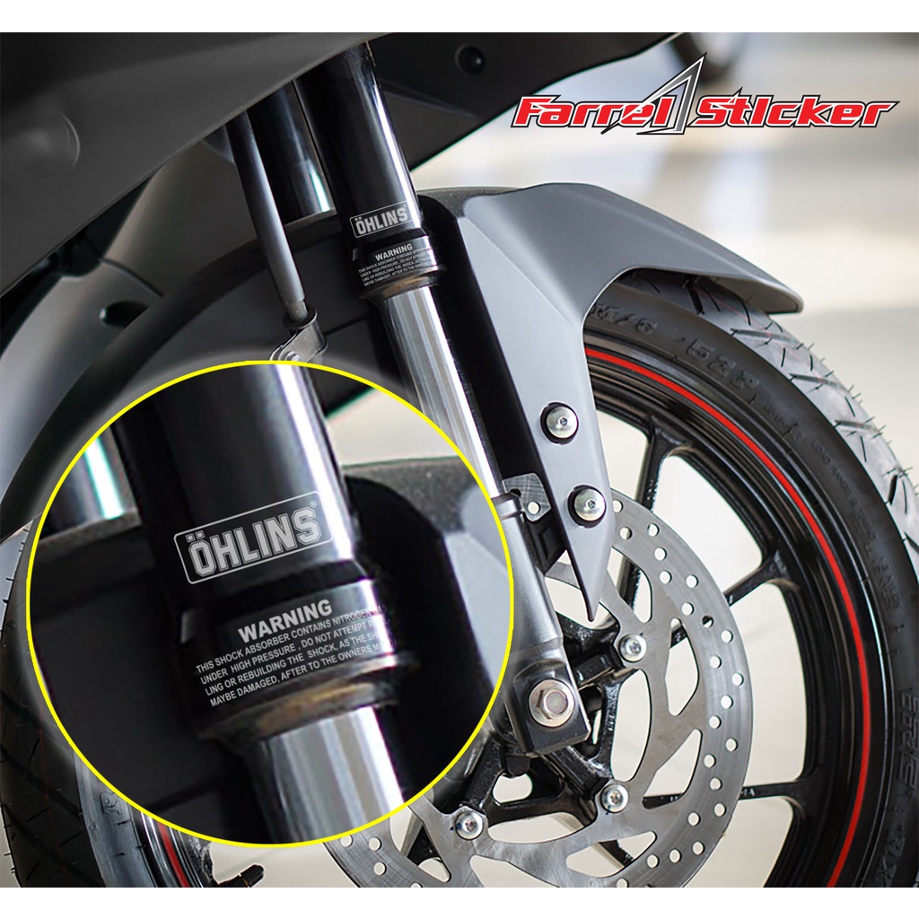 sticker shock depan stiker ohlins plus warning mini shock upside down