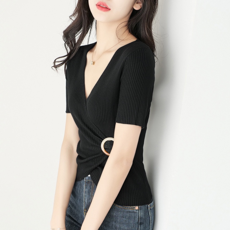 【Elegant】V-neck Irregular Slim Knit T-Shirt 7376