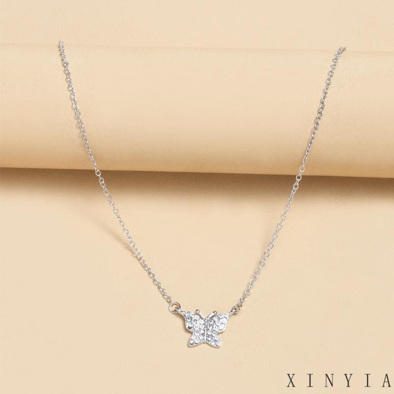 Kalung Rantai Klavikula Desain Kupu-Kupu Aksen Berlian Penuh Untuk Wanita