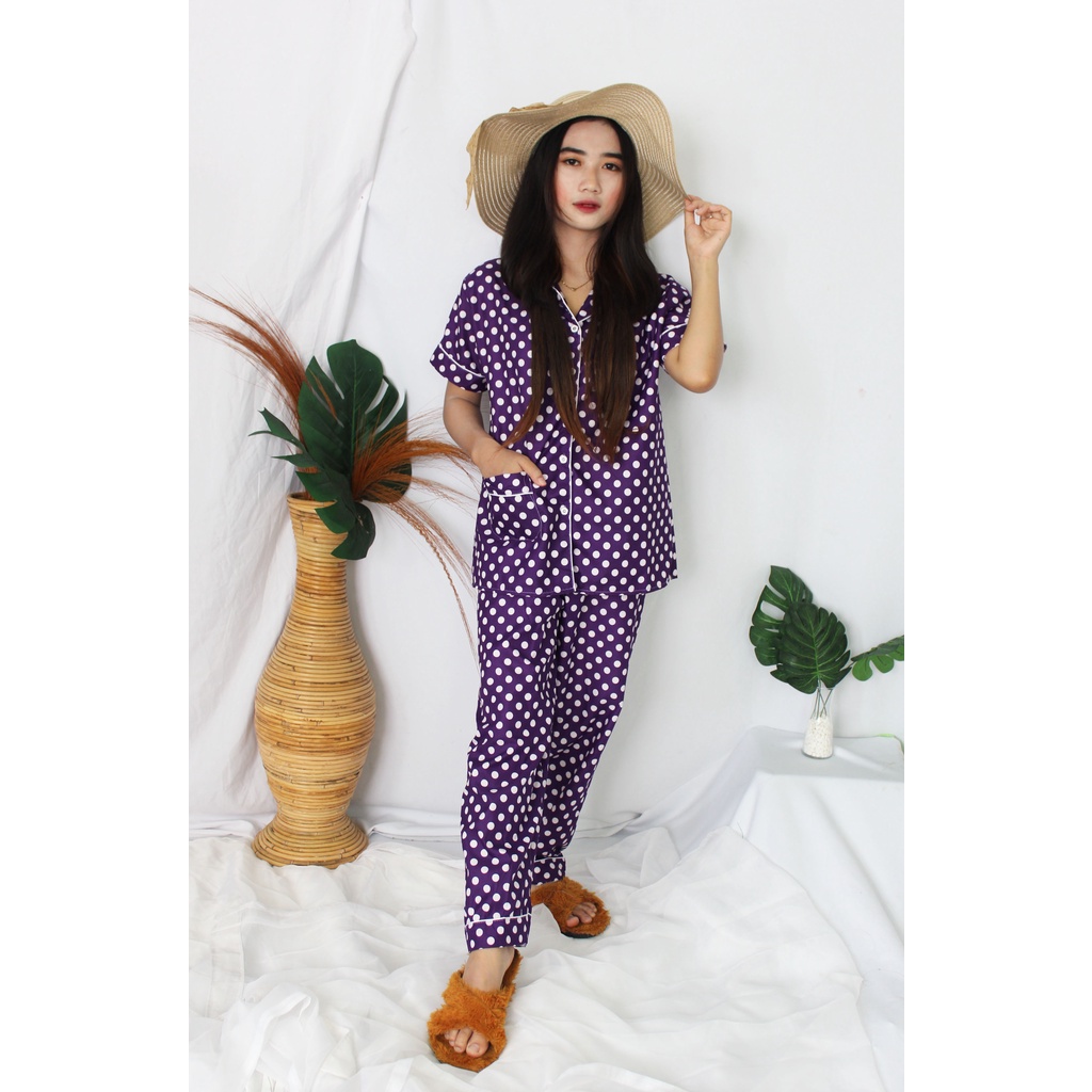 OKHISHOP - CP1 Piyama Pajamas CP Baju Tidur Piyama Wanita Dewasa Setelan CP Motif Trendy Karakter Kotak Guilen-CP Polka Ungu