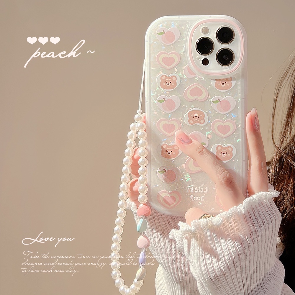 IPHONE Cover Casing Ponsel Motif Kerang Pink Love Heart Peach Bear Dengan Rantai Manik-Manik Mutiara Untuk Iphone7 8 PLUS X XR XS 11 12 13 14 MINI PRO MAX SE 2020