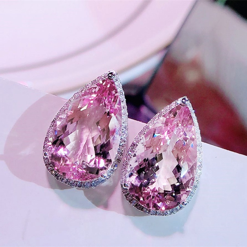 Fancyqube Anting Stud Bentuk Water Drop Warna Pink Untuk Wanita