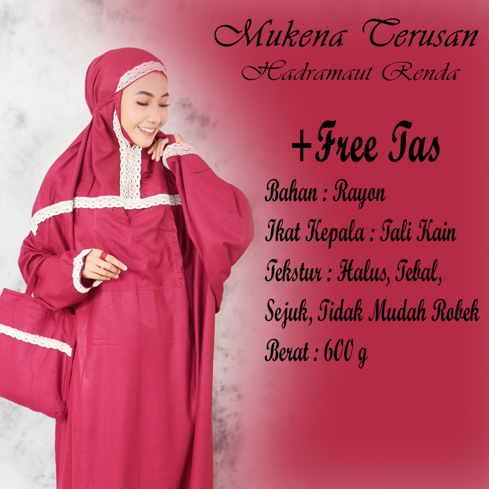 Mukena Terusan Dewasa Hadramaut Renda - Mukenah Traveling Polos Jumbo Rayon Premium Bali Murah