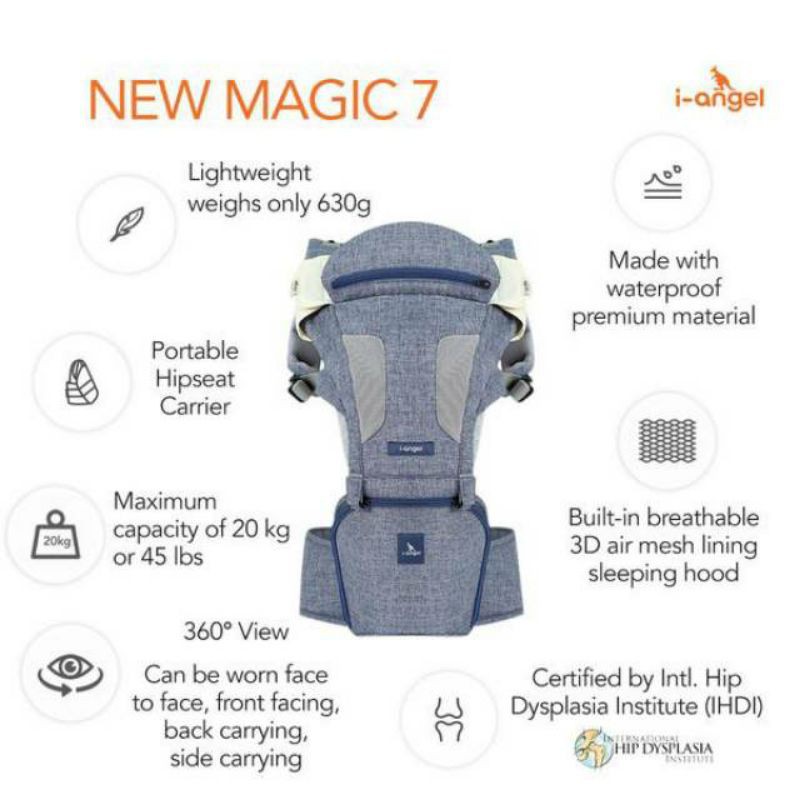 i-Angel Gendongan Bayi New Magic 7 Hipseat Carrier + Hipseat - Melange Grey With Hood