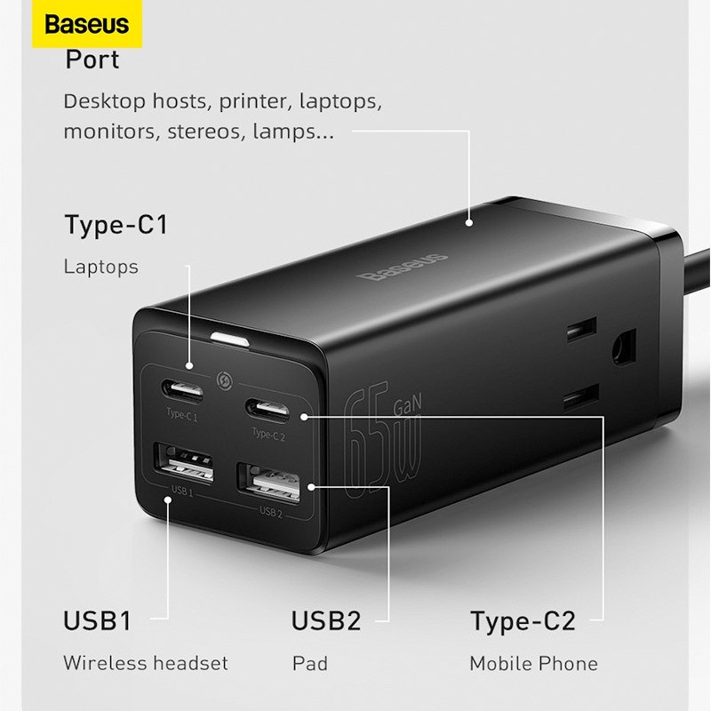 Baseus Original Adaptor Charger Gan3 Pro 65W 2 Type C 2 USB 4 in 1 Super Fast Charging Adapter Casan Ori Quick Charge PD 65 Watt Lobang