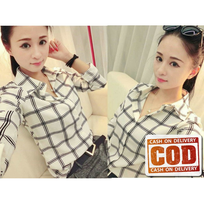 S M L Blouse Wanita Batik Perempuan Kemeja Cewek Casual Kerja Kan NV135 [Km Yumi White Ro] Katun Ray