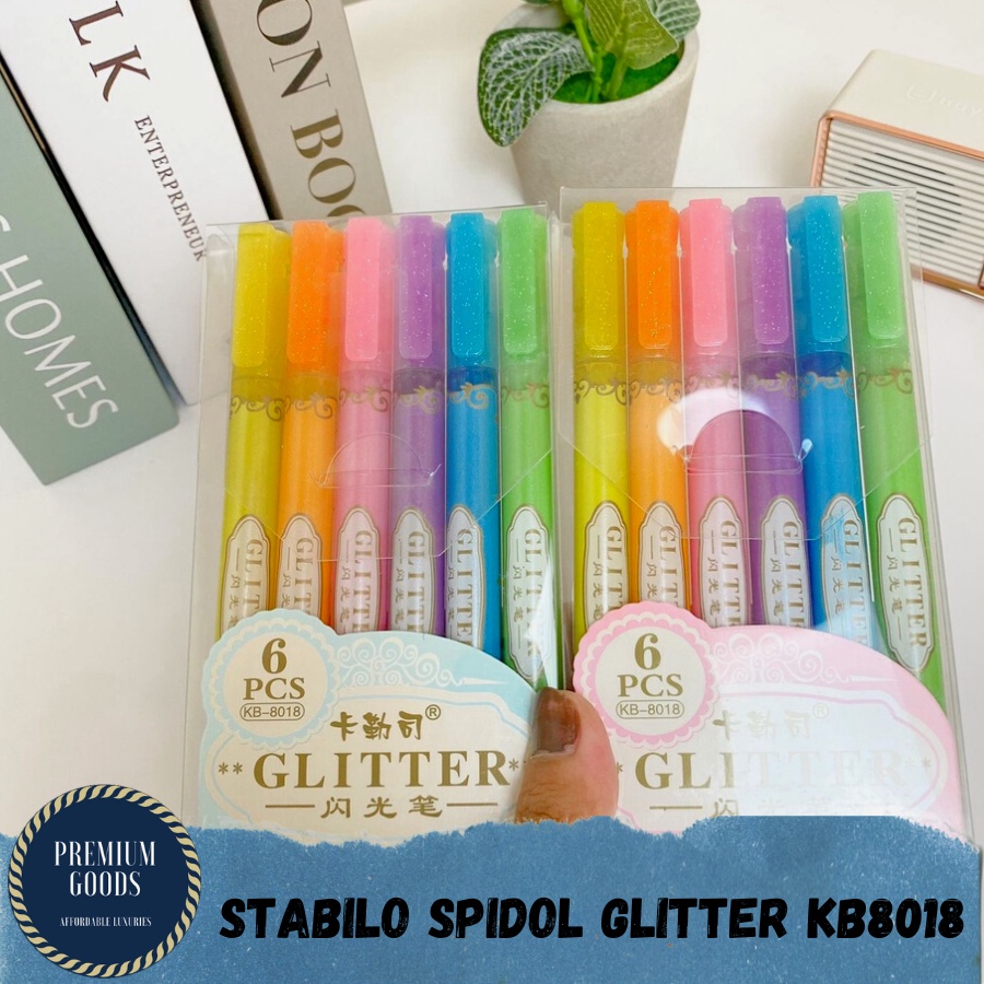

HIGHL9IGHTER SPIDOL GLITTER ISI 6 KB8018 SATU SET STABILO GLITTER ALAT TULIS SEKOLAH KANTOR READY COD
