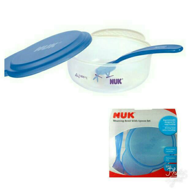 Set Mangkok dan Sendok Bayi NUK Weaning Bowl With Spoon Blue / Lucky Baby Astro Feeding Bowl