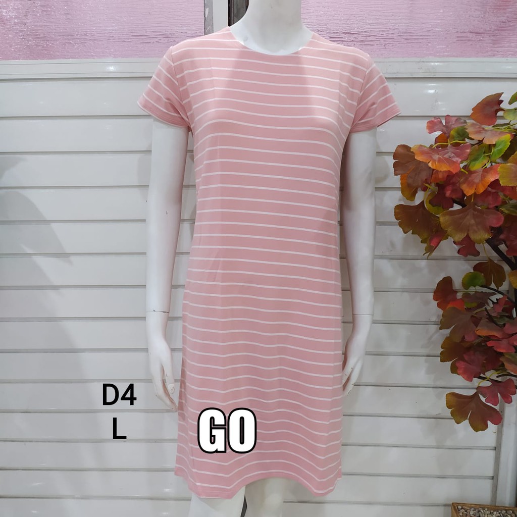 gof DS LMN DRESS/DASTER Wanita Casual Motif Garis Salur Pakaian Perempuan Lengan Pendek