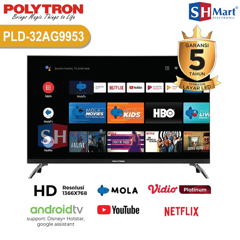 TV POLYTRON 32 INCH BEZELLESS SMART ANDROID MOLA TV PLD-32AG9953 / PLD32AG9953 GARANSI RESMI