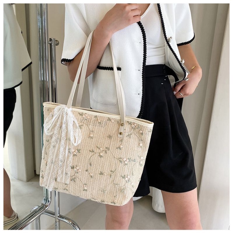 DBCOL Tas Tote Wanita Bahan Anyam Jerami Resleting/Totebag Fashion Korea Anyam Kulit Impor