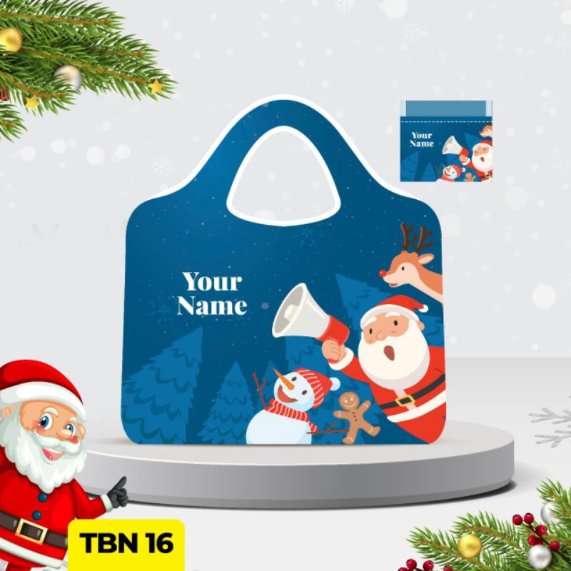 Tas belanja lipat custom nama motif Christmas 2 hampers bingkisan kado Natal