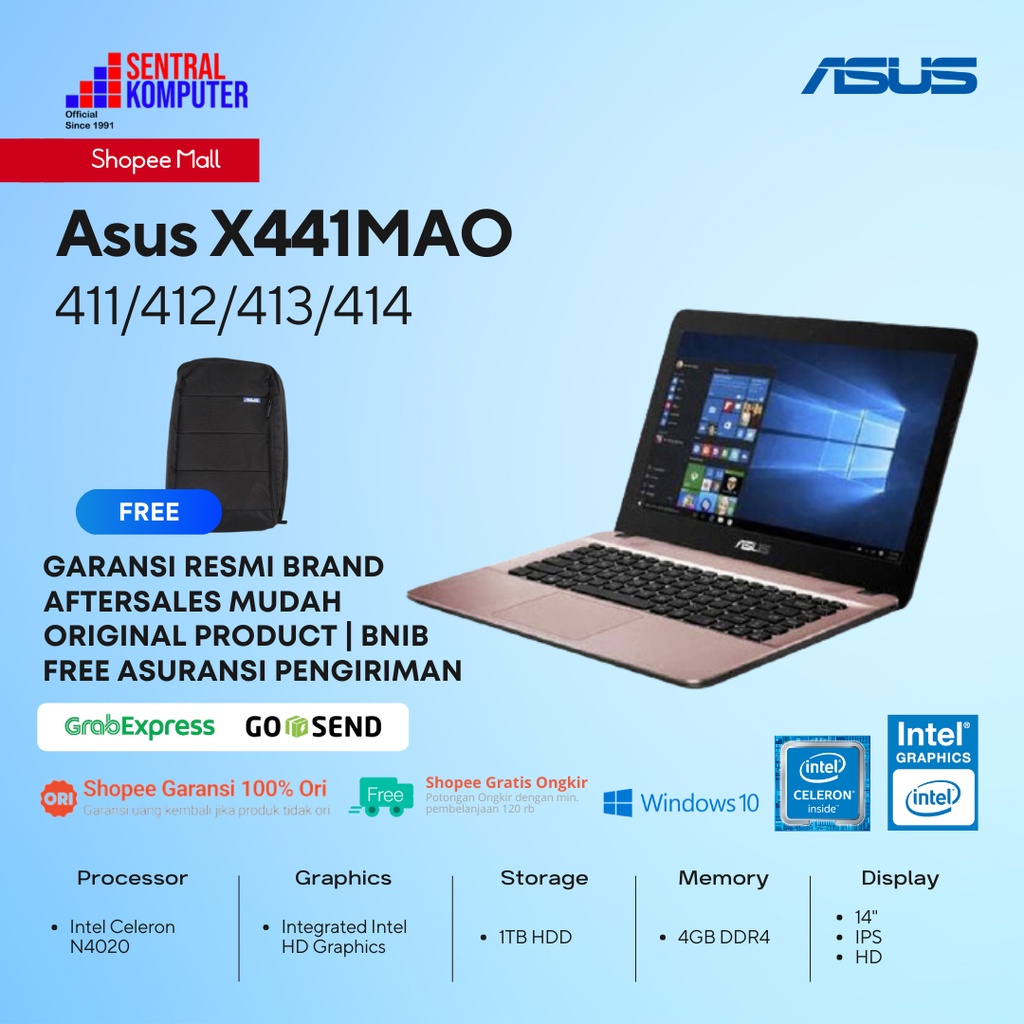 Asus X441MAO Celeron N4020-4GB-1TB HDD-NO ODD-Win 10