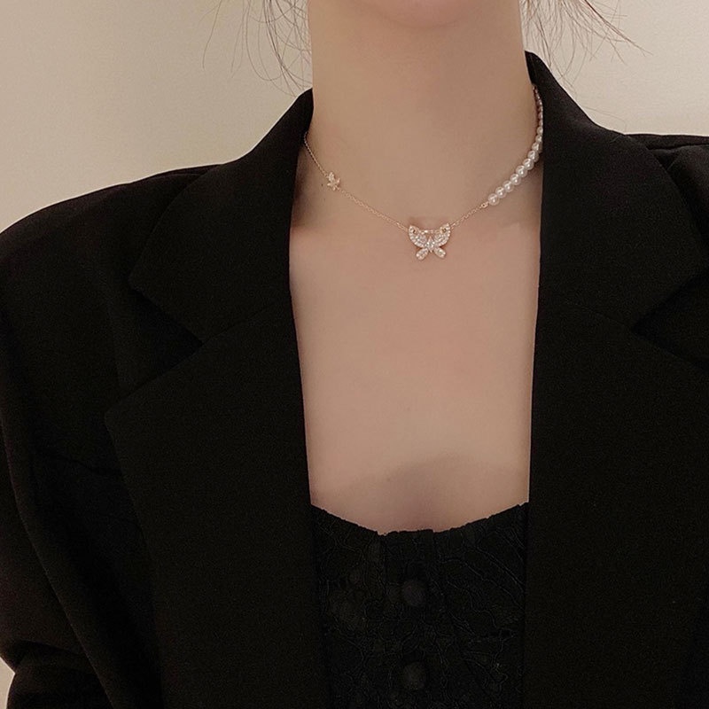 Cahaya mewah butterfly mutiara kalung untuk wanita Korea baru elegan kalung kalung niche normcore ta