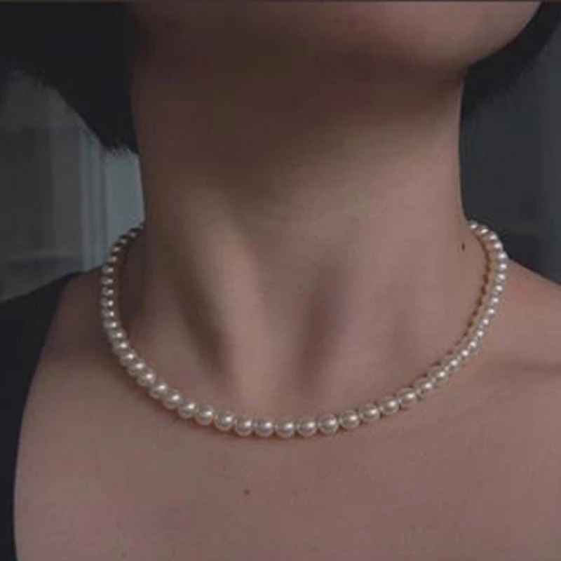 Kalung Choker Klavikula Rantai Manik-Manik Mutiara Putih Untuk Wanita