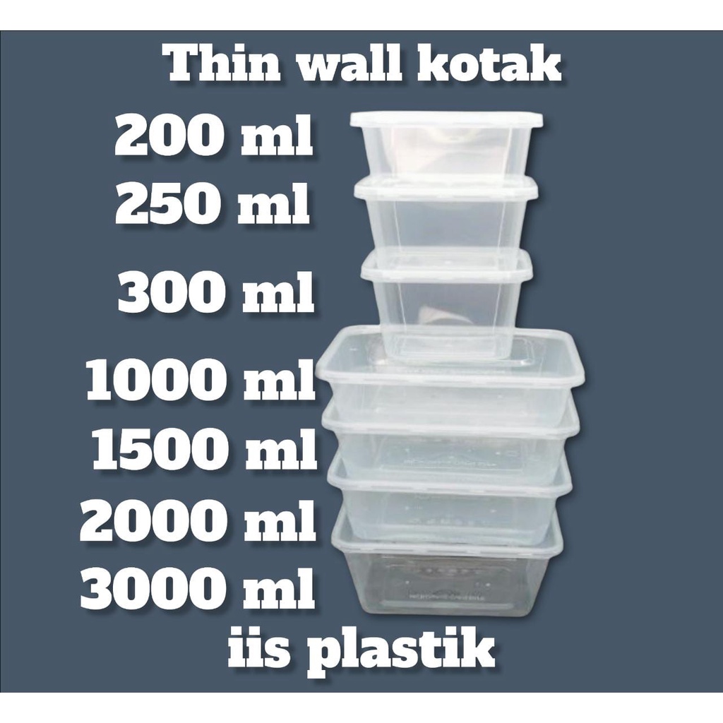 Thinwall kotak 200 ml, 250 ml, 350 ml, 1000 ml, 1500 ml, 2000 ml, 3000 ml isi 25 pcs perRoll plus tutup