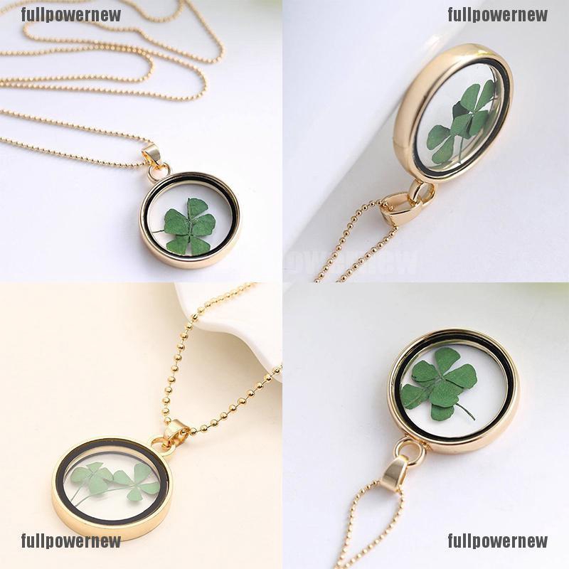 Kalung Dengan Liontin Bentuk Bunga Clover Kering Bahan Resin
