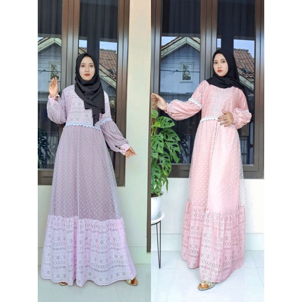 GAMIS PESTA BURKAT MIX TULLE DOT MAUDY DRESS ld.110 pb.135/COD bayar ditempat